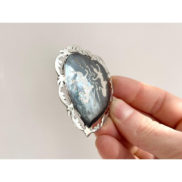 Siam Sterling Silver Mekkalah & Ramasoon Heart Shaped Vintage Thai Brooch - Picture 7 of 10